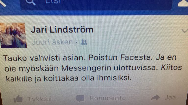Lindströmin hyvästipäivitys Facebookissa