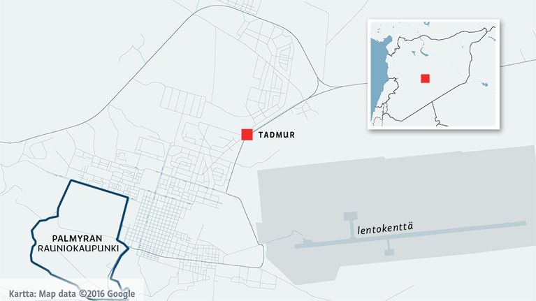 Syyrian kartta, jossa näkyvät Palmyran vanhan kaupungin ja Tadmurin tarkemmat sijainnit.