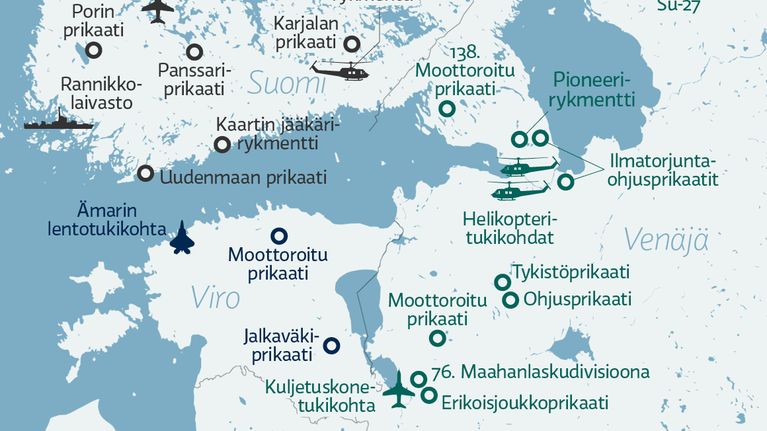 Suomenlahden ja lähialueen merkittävät joukko-osastot.