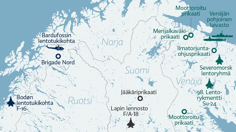 Pohjoisen Suomen ja lähialueen merkittävät joukko-osastot.