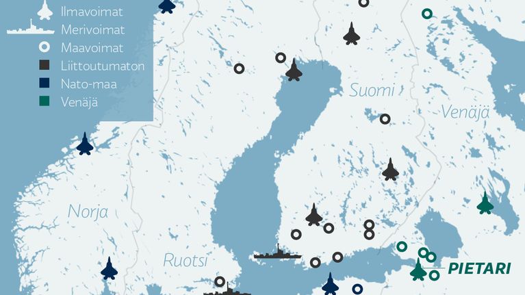Suomen ja lähialueen merkittävät joukko-osastot.