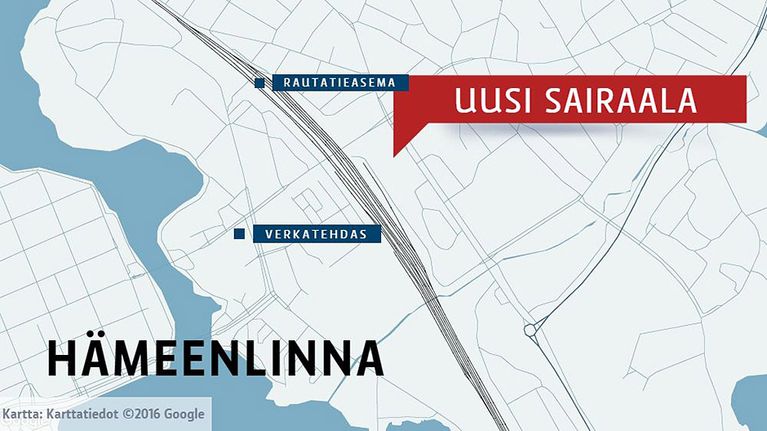 Kartta Hämeenlinnan uuden sairaalan sijainnista