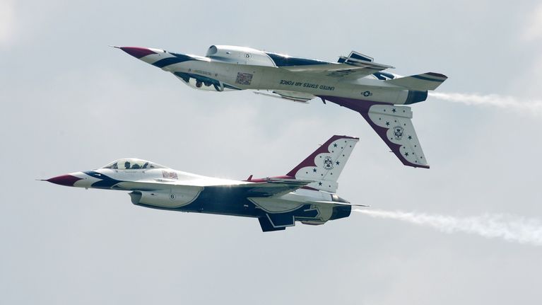 Thunderbirds F16 display team perform to the crowds during the 'British Royal Air Force Waddington International Airshow' at Royal Air Force (RAF) Waddington in Lincolnshire, north east Britain, 02 July 2011.