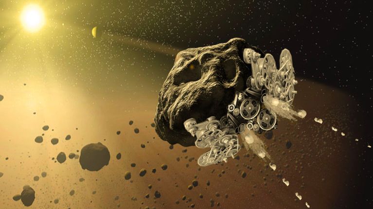 Taiteilijan näkemys asteroidialuksesta.