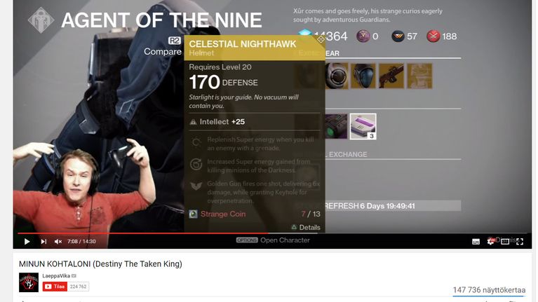 Kuvankaappaus Laeppavika -vloggaajan videosta "Minun kohtaloni (Destiny The Taken King).