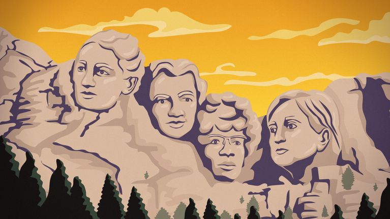 Piirros kuvitteellisesta tilanteesta, jossa Mount Rushmoren seinään olisi kaiverrettu neljän naisen kasvot.