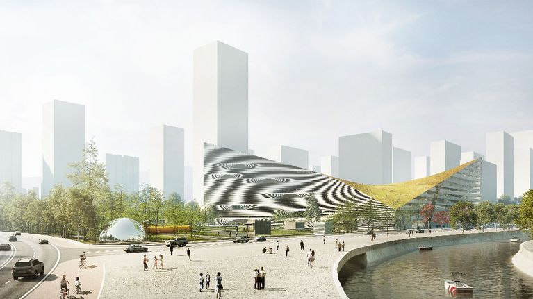 Nanging Sino-Finnish Center Architecture Design Competition -arkkitehtikilpailun ehdotus suomalais-kiinalaiseksi keskukseksi Nangingiin. 