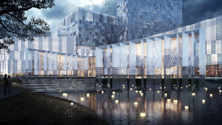 Nanging Sino-Finnish Center Architecture Design Competition -arkkitehtikilpailun ehdotus suomalais-kiinalaiseksi keskukseksi Nangingiin. 
