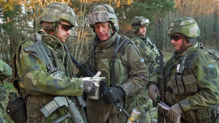 Ruotsalaisia ja suomalaisia sotilaita Skövdessä marraskuussa 2010.