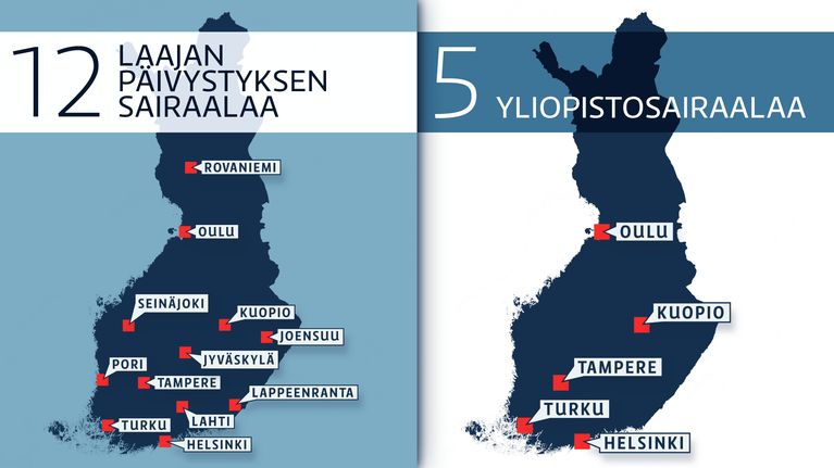 Kartta sairaaloiden sijainneista.