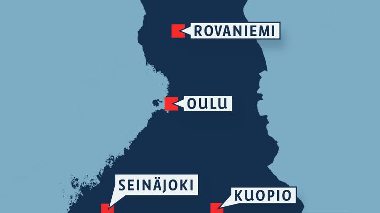 Suomen kartta johon on merkitty Rovaniemi, Oulu, Seinäjoki, Kuopio, Joensuu, Jyväskylä, Pori, Tampere. Lappeenranta Lahti, Turku ja Helsinki.