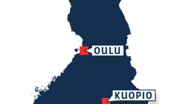 Suomen kartta johon on merkitty Oulu, Kuopio, Tampere, Turku ja Helsinki.