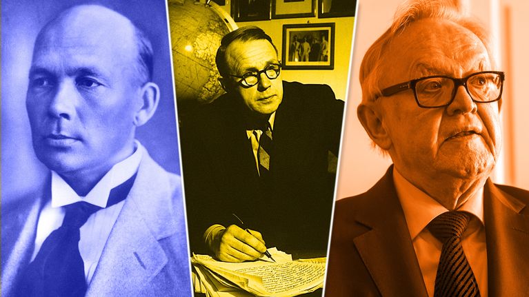 F.E. Sillanpää, A.I. Virtanen ja Martti Ahtisaari