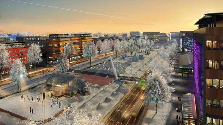 Kuvitelma Hämeenlinnanväylästä kaupunkibulevardiksi muutettuna vuonna 2050