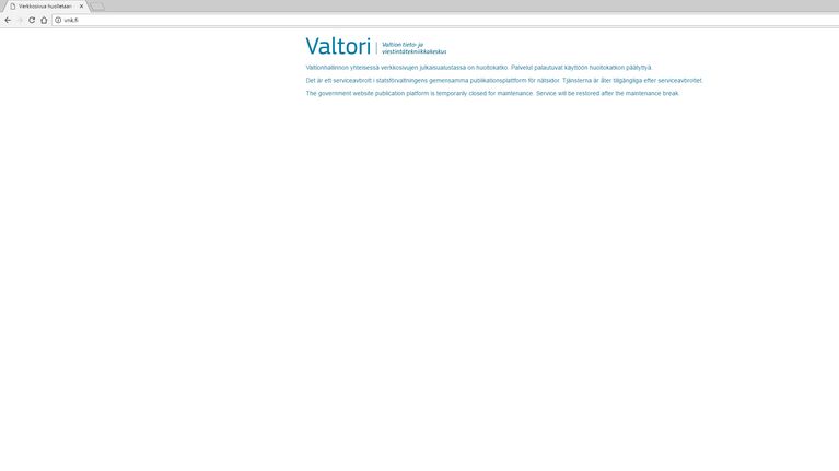 Ilmoitus huoltokatkosta vnk.fi-sivustolla 4. marraskuuta.