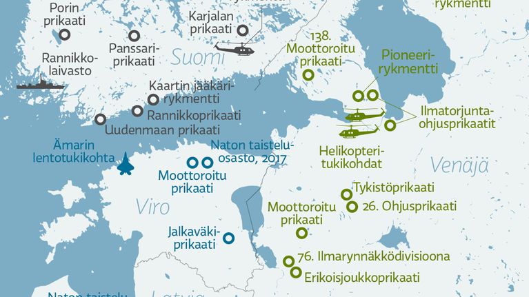 Suomenlahden ja lähialueen merkittävät joukko-osastot.