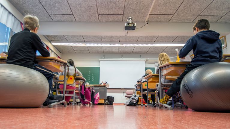 Koululuokka istuu pulpeteissa. Tunnistamattomia lapsia kuvattuna takaa.