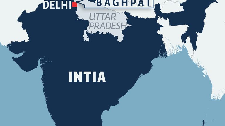 Intian kartta, jossa ovat merkittyinä Delhi, Baghpat sekä Uttar Pradeshin maakunta.