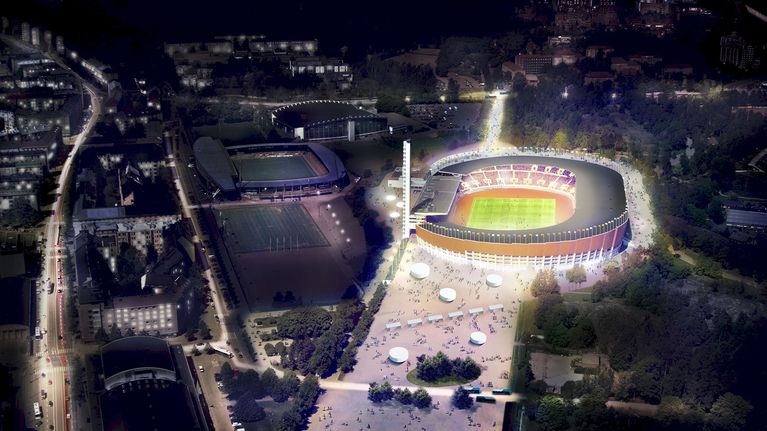 Havainnekuva uudistetusta Olympiastadionista.