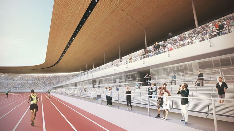 Havainnekuva uudistetusta Olympiastadionista.