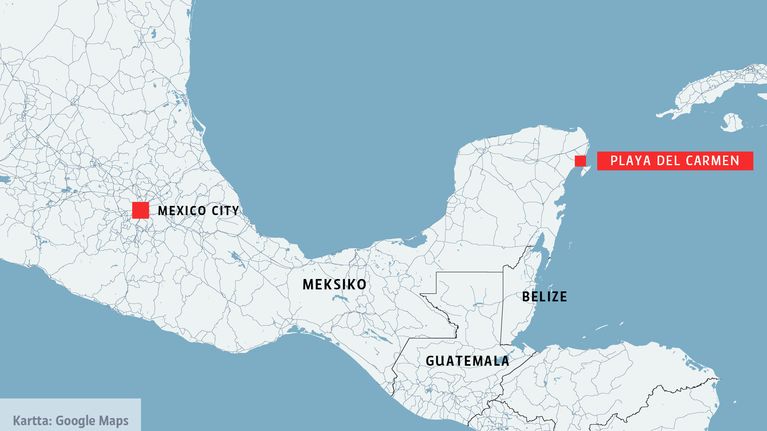 Meksikon kartta, johon merkitty Playa del Carmen ja Mexico City. 