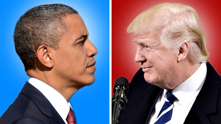 Barack Obama ja Donald Trump katsovat kollaasikuvassa toisiaan.
