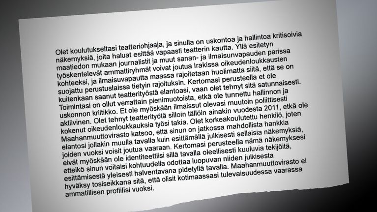 Tekstikappale Maahanmuuttoviraston kirjeestä irakilaiselle turvapaikanhakijalle.