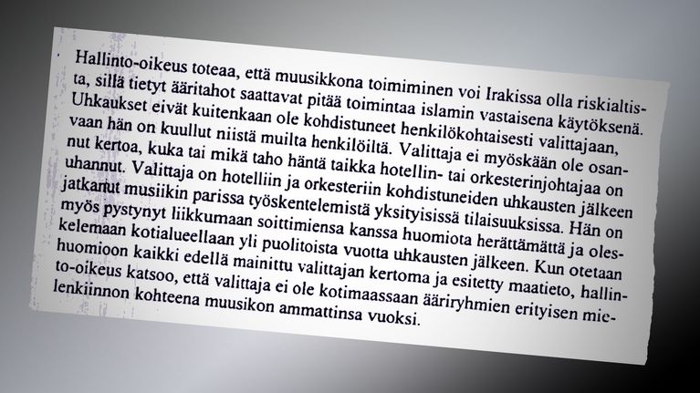 Tekstikappale Maahanmuuttoviraston kirjeestä irakilaiselle turvapaikanhakijalle.