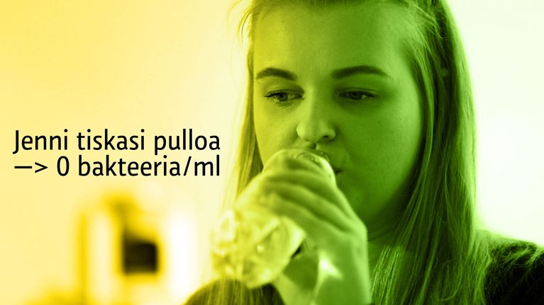 Jenni tiskasi pulloa. 0 bakteeria millilitrassa.