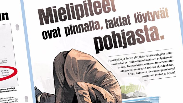 Turvealan kokosivunmainoksia näkyy lehdissä. 