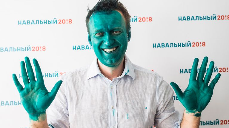 Navalnyi hymyilee vihreäkasvoisena.