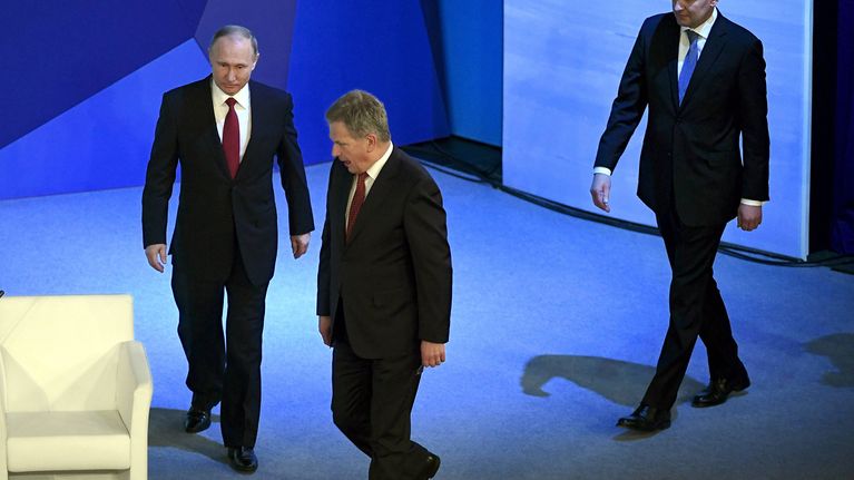 Vladimir Putin ja Sauli Niinistö Venäjän Arkangelissa torstaina 30. maaliskuuta.
