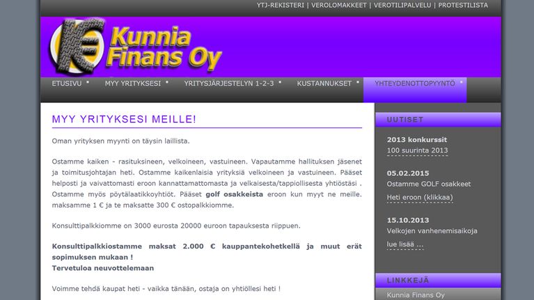 Kuvakaappaus Kunnia Finans Oy:n sivuilta.