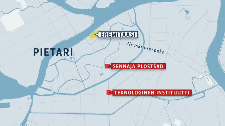 Kartta räjähdyspaikoista kolmas huhtikuuta Pietarin metrossa.