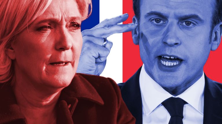 Marine Le Pen ja Emmanuel Macron taustallaan Ranskan lippu.
