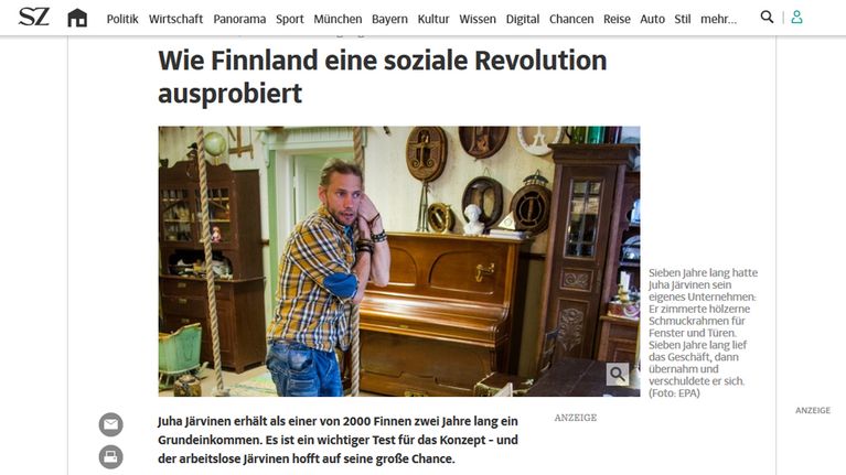 Kuvakaappaus sueddeutsche.de -nettisivuilta aiheesta, joka käsittelee Kelan perustulokokeilua esimerkkinään Juha Järvinen. 