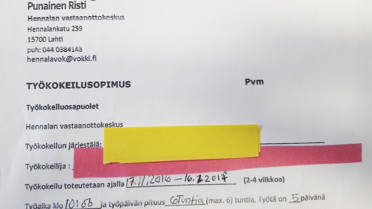 SPR:n työkokeilusopimus, jonka AVI:n tarkastaja Katja-Pia Jenu sai mainitusta lahtelaisravintolasta. Sopimuksen mukaan turvapaikanhakija tekee työtä kuusi tuntia päivässä ja viisi päivää viikossa. Laadittu sopmius on tehty kahden kuukauden mittaiseksi, jonka jälkeen samalle turvapaikanhakijalle oltiin tehty jatkosopimus.