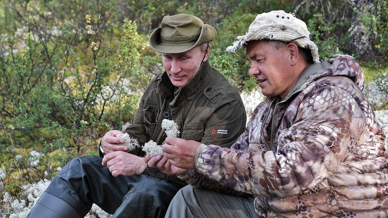 Putin ja Venäjän puolustusministeri Sergei Shoigu tutkivat jäkäliä ja sieniä.