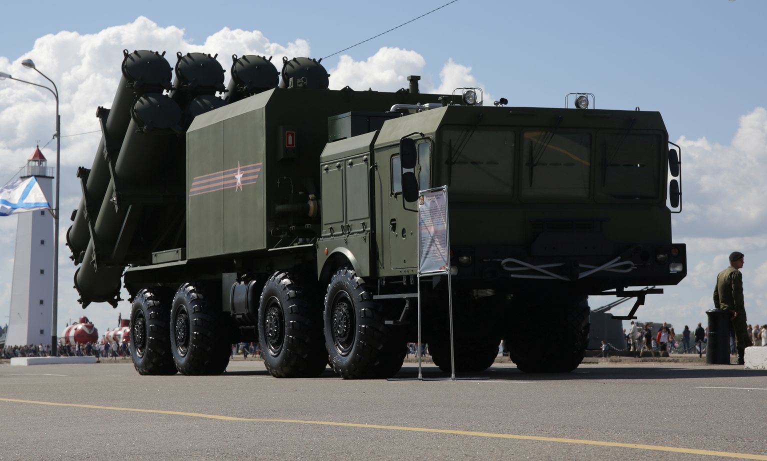 Bal coastal-missile launcher on an eight-wheel truck at a parade in Kronstadt